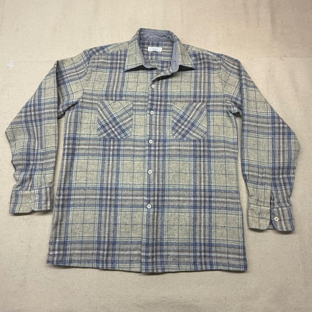 Vintage Lotte Plaid Flannel Shirt Mens Gry Blue Burgundy Button Down L/S Pockets